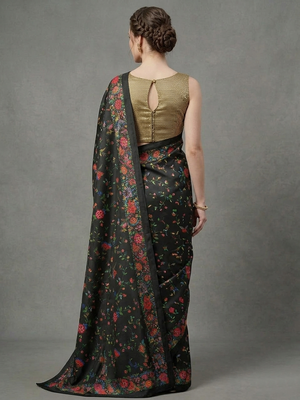 Black printed satin saree with blouse piece 3