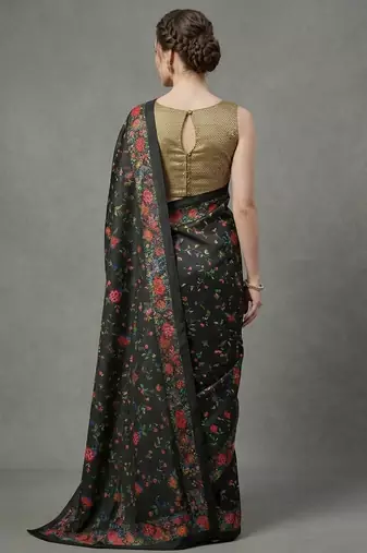 Black printed satin saree with blouse piece