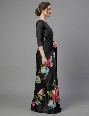 Black printed satin saree with blouse piece 2