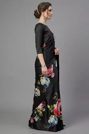 Black printed satin saree with blouse piece