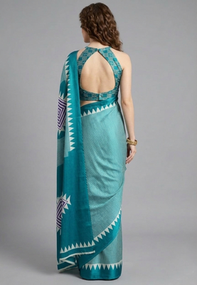Blue printed satin saree with blouse piece 3