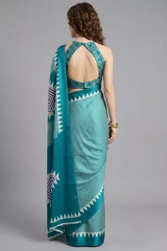 Blue printed satin saree with blouse piece