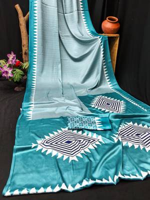 Blue printed satin saree with blouse piece 4