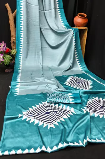 Blue printed satin saree with blouse piece