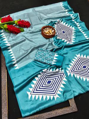 Blue printed satin saree with blouse piece 5