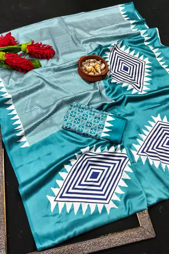 Blue printed satin saree with blouse piece