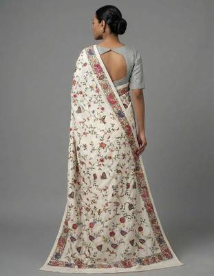 White printed satin saree with blouse piece 3