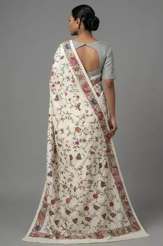 White printed satin saree with blouse piece