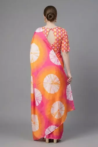 Orange printed satin saree with blouse piece