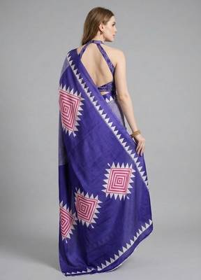 Purple printed satin saree with blouse piece 3