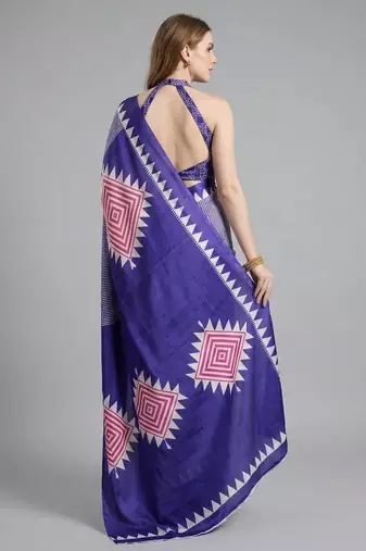 Purple printed satin saree with blouse piece