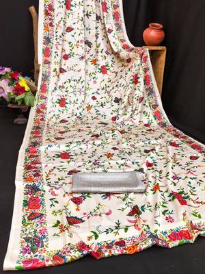 White printed satin saree with blouse piece 4
