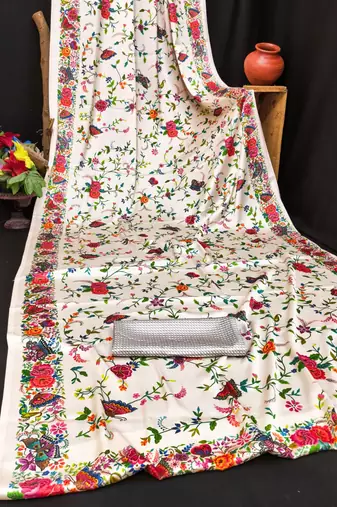 White printed satin saree with blouse piece