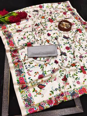 White printed satin saree with blouse piece 5