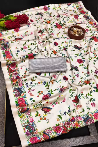 White printed satin saree with blouse piece