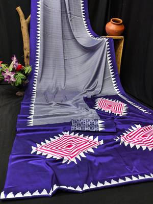Purple printed satin saree with blouse piece 4