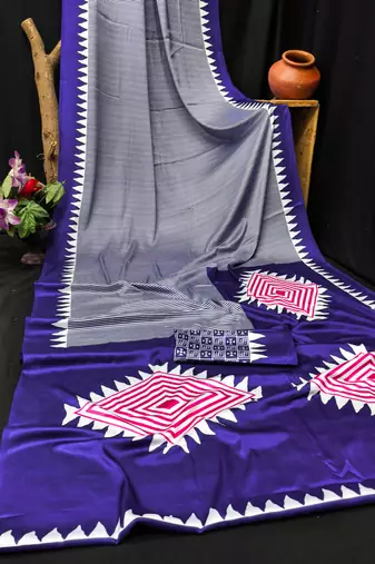 Purple printed satin saree with blouse piece