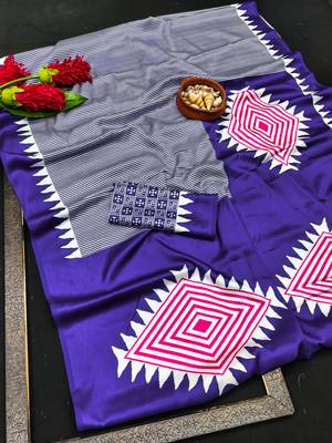 Purple printed satin saree with blouse piece 5