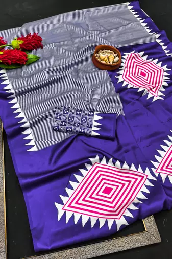 Purple printed satin saree with blouse piece