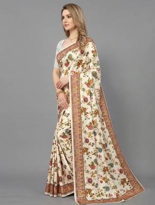 White printed satin saree with blouse piece 2