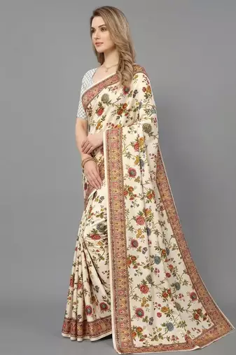 White printed satin saree with blouse piece