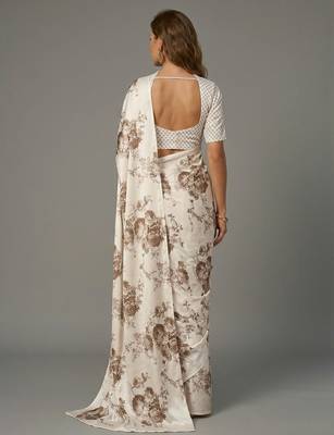 White printed satin saree with blouse piece 3