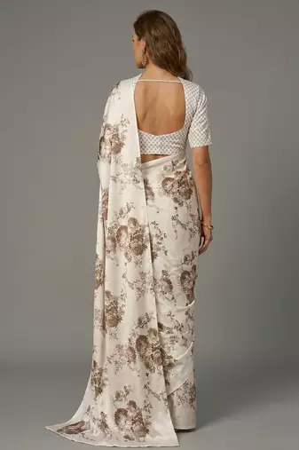 White printed satin saree with blouse piece