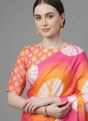 Orange printed satin saree with blouse piece 4