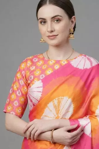 Orange printed satin saree with blouse piece