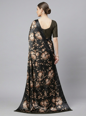 Black printed satin saree with blouse piece 3
