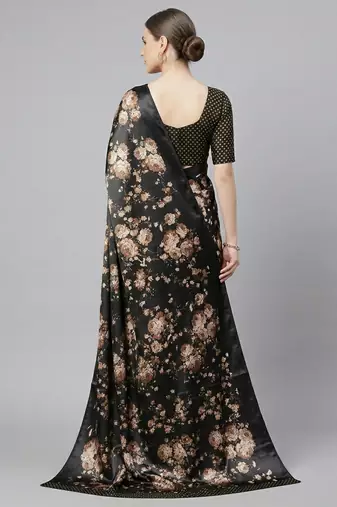 Black printed satin saree with blouse piece