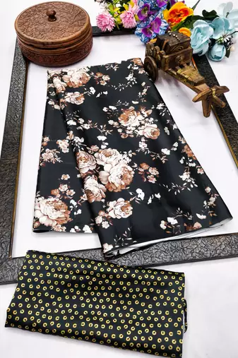 Black printed satin saree with blouse piece