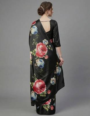 Black printed satin saree with blouse piece 3