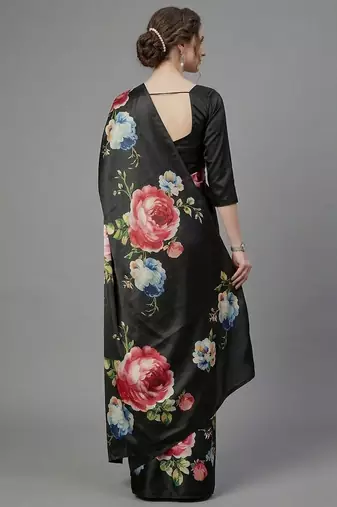 Black printed satin saree with blouse piece