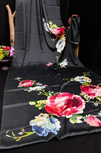 Black printed satin saree with blouse piece
