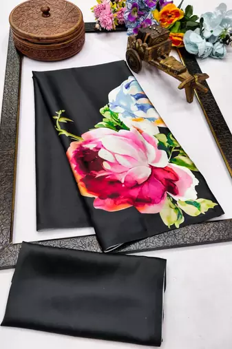 Black printed satin saree with blouse piece