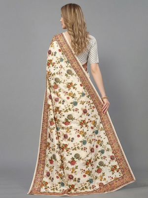 White printed satin saree with blouse piece 3