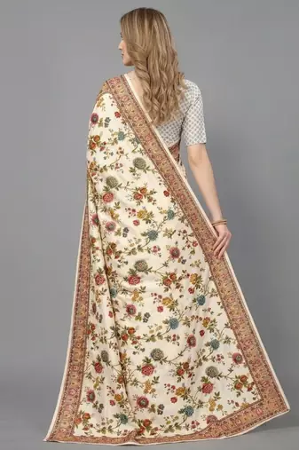 White printed satin saree with blouse piece