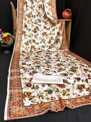 White printed satin saree with blouse piece 4