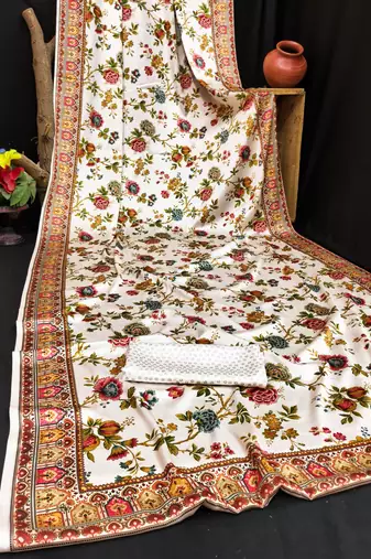 White printed satin saree with blouse piece