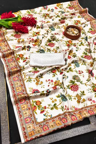 White printed satin saree with blouse piece