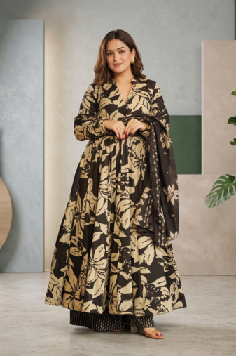 Elegant black muslin digital floral printed anarkali salwar suit with dupatta