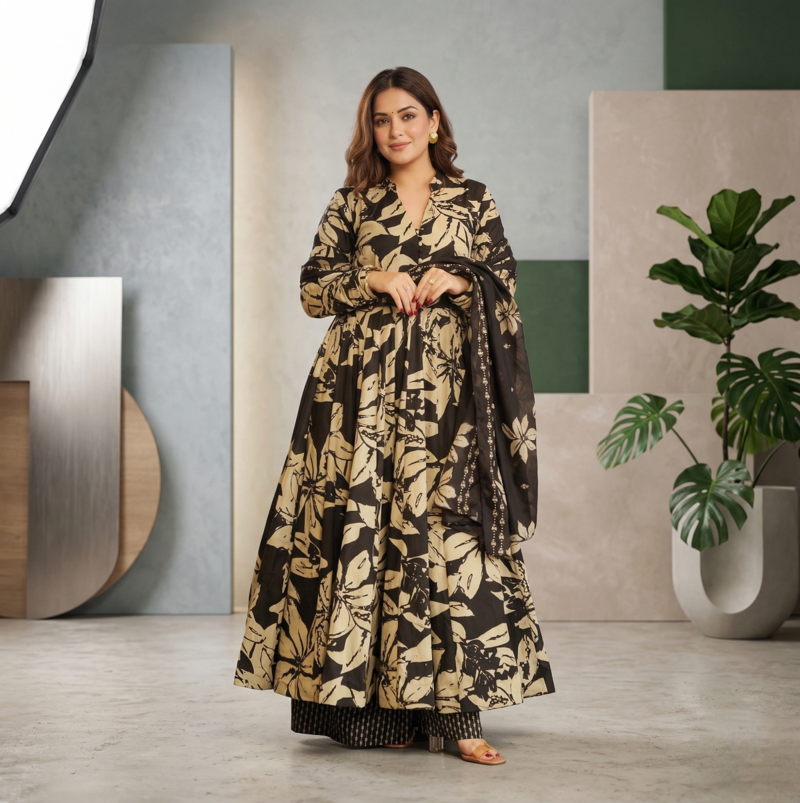 Elegant black muslin digital floral printed anarkali salwar suit with dupatta