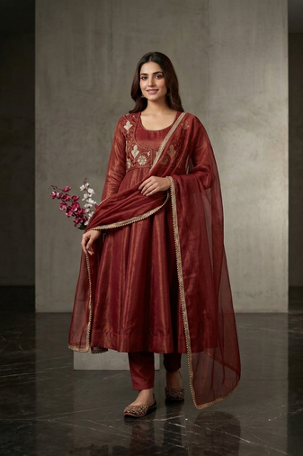 Bronze heavy cosmos silk embroidered anarkali salwar-kameez