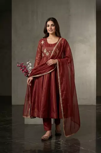 Bronze heavy cosmos silk embroidered anarkali salwar-kameez
