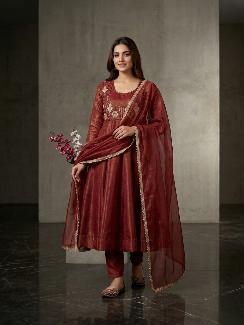 Bronze heavy cosmos silk embroidered anarkali salwar-kameez