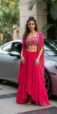 Pink modern georgette skirt set with sequins & zari work 1