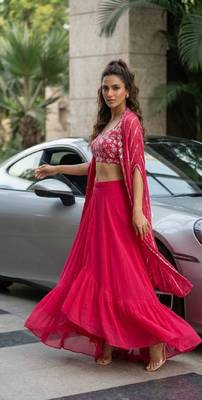 Pink modern georgette skirt set with sequins & zari work 2