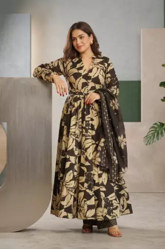 Elegant black muslin digital floral printed anarkali salwar suit with dupatta