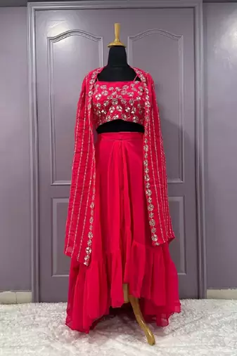 Pink modern georgette skirt set with sequins & zari work